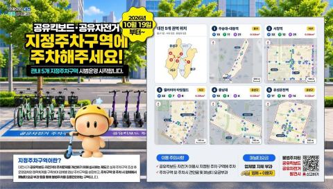 대전시, 19일부터 공유킥보드·자전거 지정주차구역 시범 운영…5개 구역 217곳