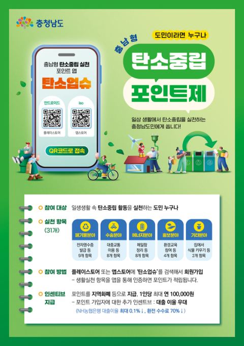 충남 '탄소업슈' 앱 하나로 탄소중립 실천하면 연 최대 10만 원 지역화폐 환급