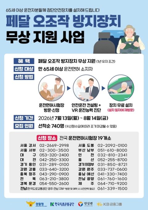 65세 이상 고령 운전자 740명, 페달 오조작 방지 장치 무상 지원…13일부터 신청