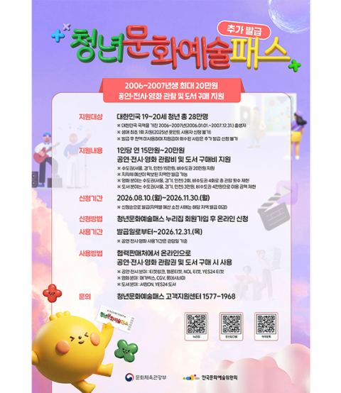 청년문화예술패스 하반기 추가 발급…도서 분야 신규 포함·비수도권 20만 원