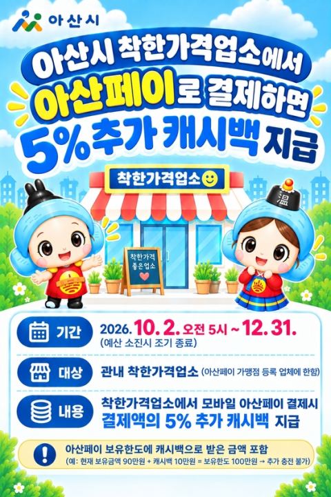 아산시, 착한가격업소 60곳서 아산페이 5% 추가 캐시백…2일부터 연말까지