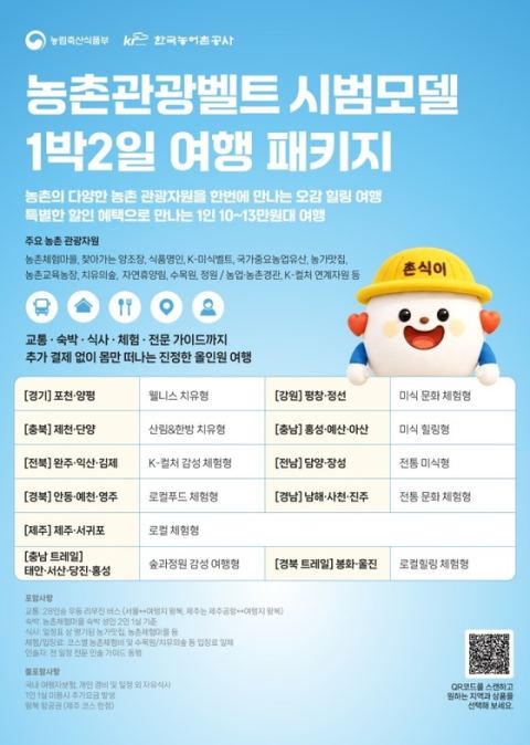 농촌관광벨트 시범모델 기반 '특화 여행상품' 8일부터 시범 운영… 1박 2일 11개 코스, 10만 원대 초반