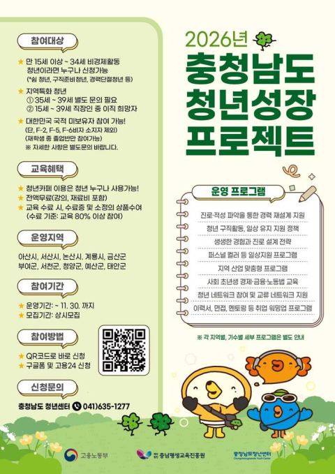 충남청년센터, 미취업 청년 '쉬었음 전환' 방지 청년성장프로젝트…10개 시군 특화 운영